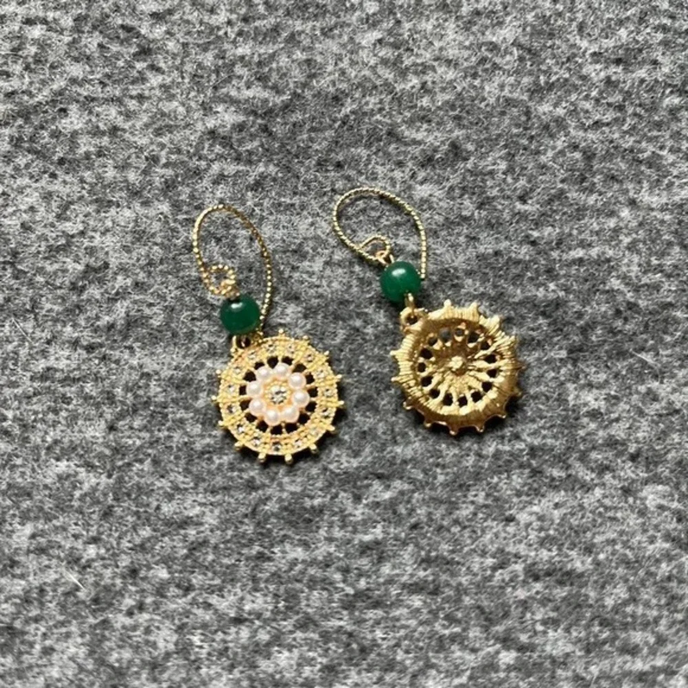 Accessories Gold Tone Round Dangle Earrings‎ Green Beaded Flower Pearl Accents
